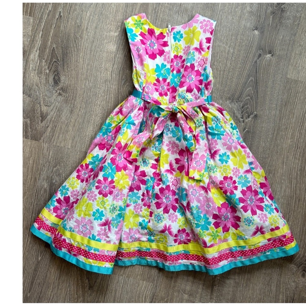 Nannette Girl Floral Sleeveless Party Dress Pink Yellow Blue Size 6 Rosette Sash - Picture 2 of 5